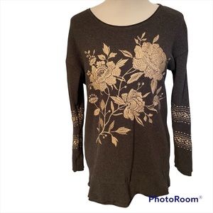 JOHNNY WAS TOP GRAY WAFFLE KNIT COTTON LONG SLEEVE CREAM FLORAL SIZE S BOHEMIAN